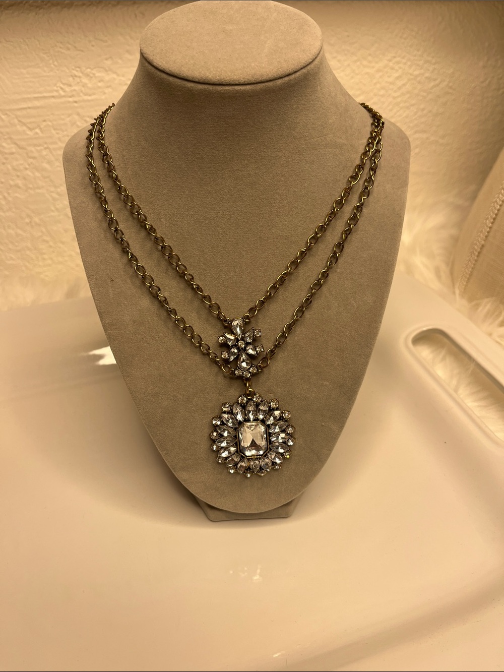 Double-Layer Crystal Statement Necklace - Gold Tone